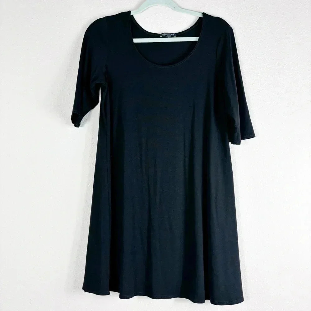 Eileen Fisher Scoop Neck 3/4 Sleeve Black Dress SZ M